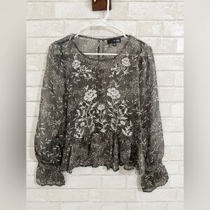 A. Calin Los Angeles sheer gray long-sleeve blouse floral embroidered M #3043